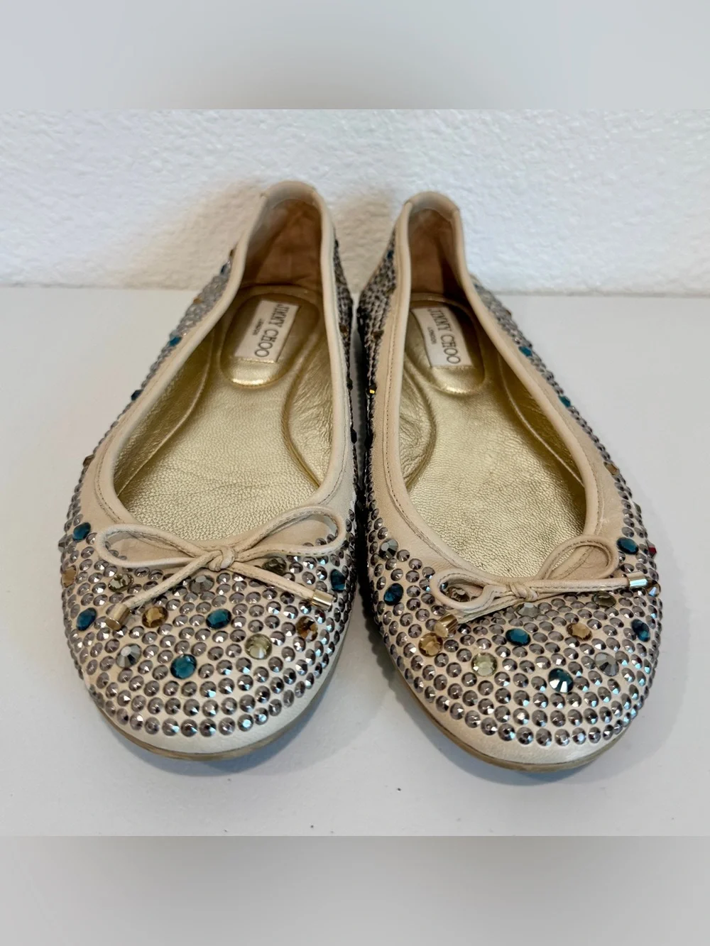 Jimmy Choo Wray Crystal Studded Leather Ballet Flats Bow Cream Gold EU 37 US 7